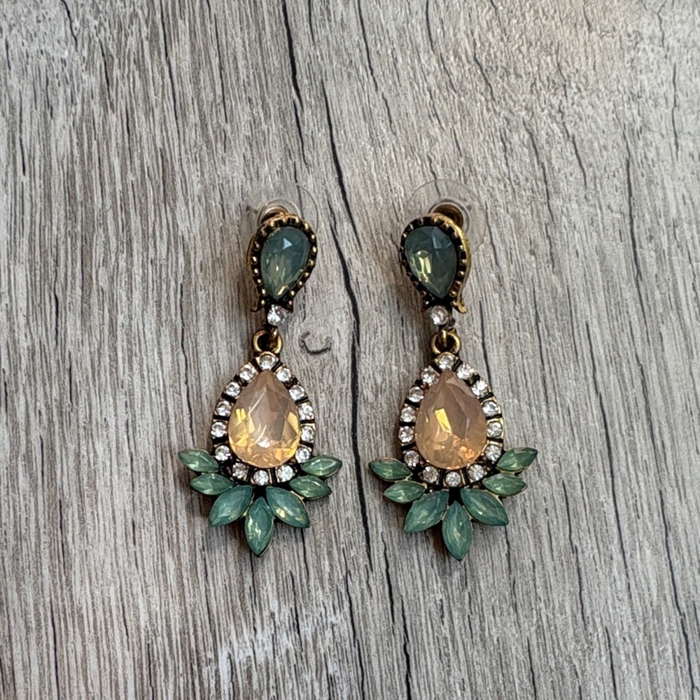 3/$30! Elegant Teardrop Earrings with Green and Gold Accents